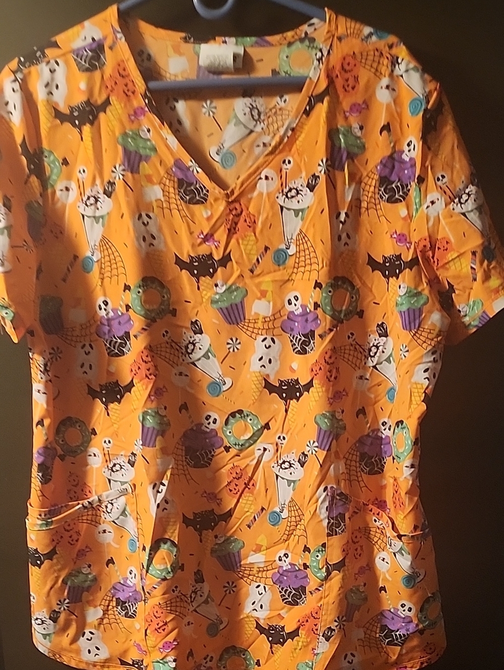 Halloween Women's Scrub Top - Orange Ghost & Bat Print